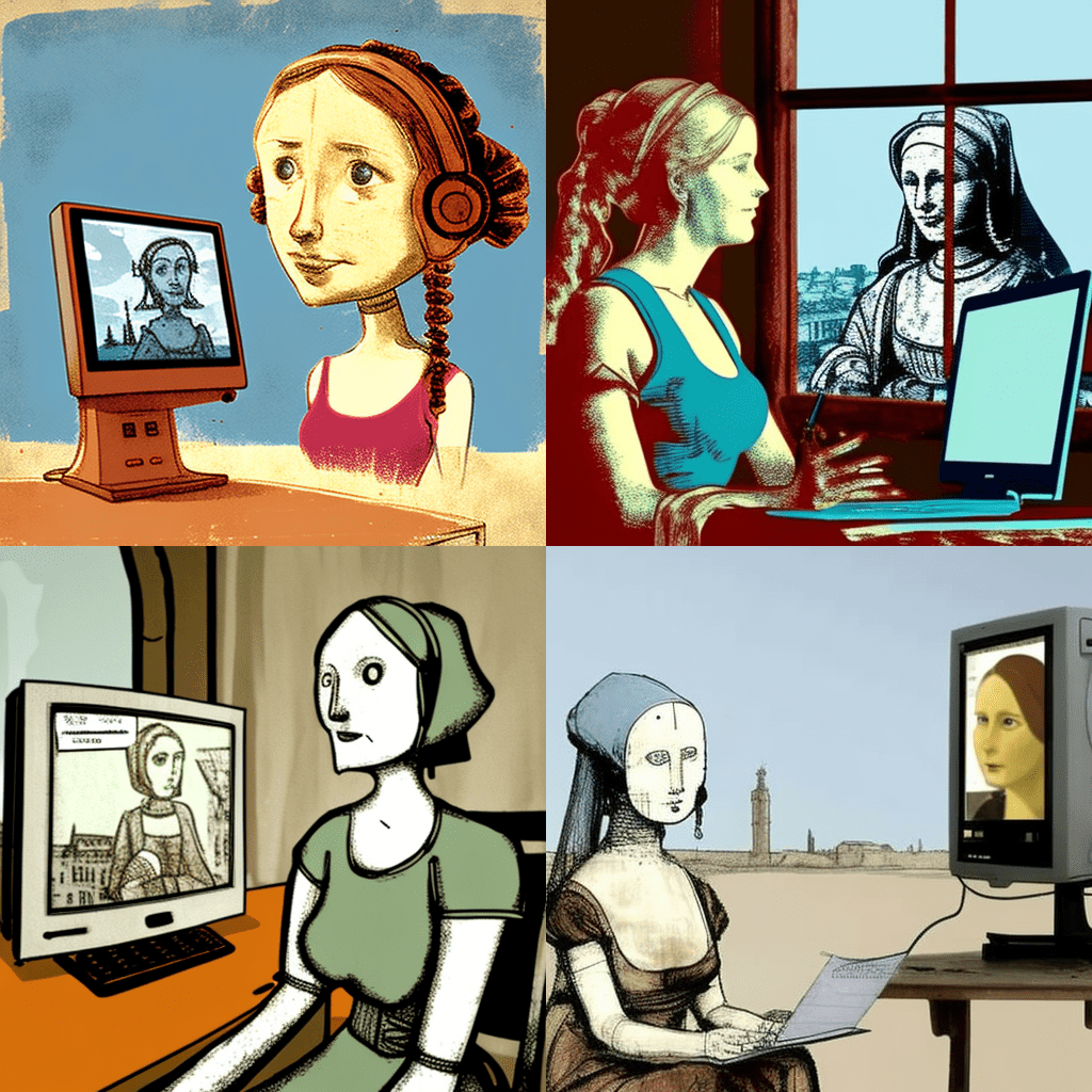 Illustrationen erstellt mit Midjourney, auf der Basis der Aufforderung: A female author in Berlin (include Television tower) chats with a chatbot on her computer screen, in the style of Leonardo da Vinci